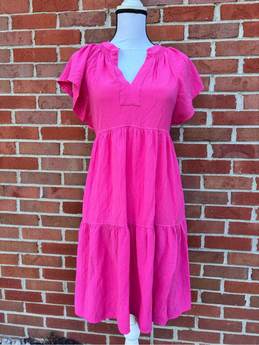 Calvin Klein Flutter Sleeve Lipstick Pink Gauze Tiered V-Neck Dress Womens 4